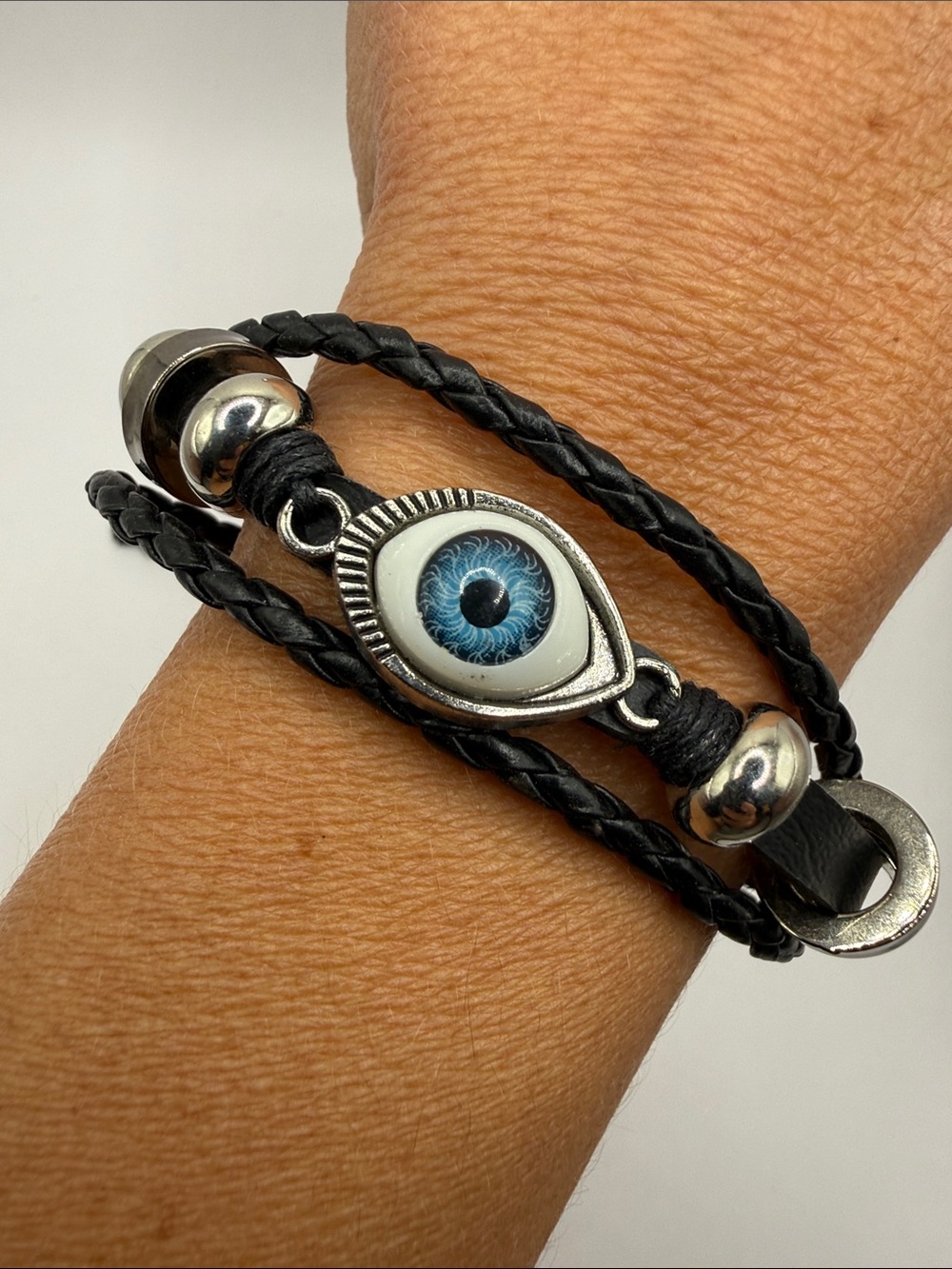 Vintage Black Leather Silver Tone Beaded Evil Eye Bangle Cuff Statement Bracelet